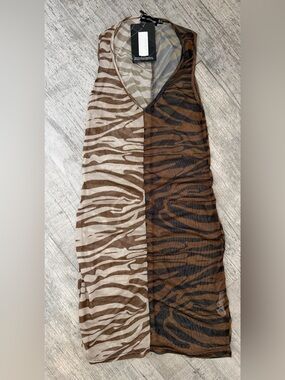 PrettyLittleThing Animal Print Sheer Mesh V Neck Mini Dress NWT